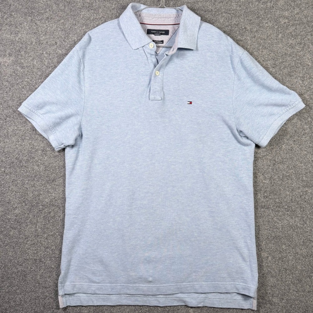 Tommy Hilfiger Polo Shirt Mens Medium Light Blue Classic Fit Short Sleeve Pique